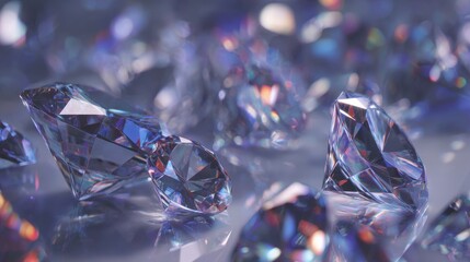 Collection of sparkling diamonds on a surface reflecting light in different colors during a bright setting