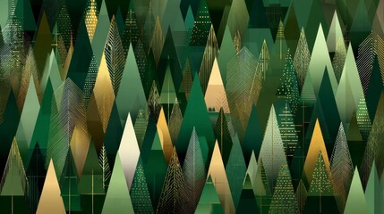 An abstract forest of layered triangular shapes in varying shades of green, gold, and textured details. It creates a lush, decorative pattern