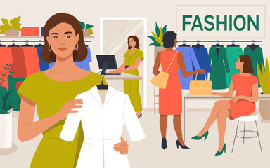 A stylish fashion boutique scene with customers browsing clothing and accessories, demonstrating the allure of fashion and personal expression within a vibrant retail space.