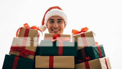 Holiday Cheer with Abundance of Gifts: A person radiates festive delight, a Santa hat atop their head, their smile mirroring the warmth of the holiday spirit.