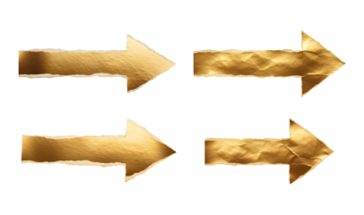 Gold Foil Torn Paper Arrows Set; Isolated Metallic Ripped Paper Directional Pointers on Transparent Background