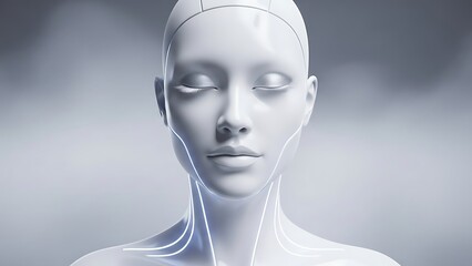 Futuristic White Robot Head with Glowing Blue Lines on Neck.