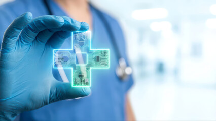 Medical Professional Holding Glowing Digital Health Cross Representing Technology Integration