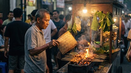 Traditional street vendor cooking skewers over open flame