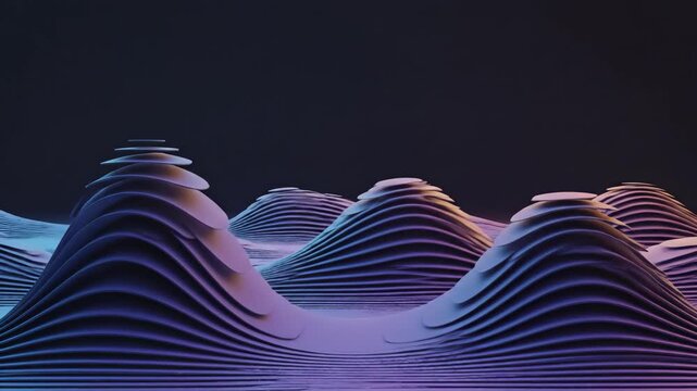 Layered undulating forms ascend against a dark backdrop with color gradient of violet blue and orange hues on the surface