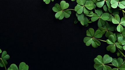 Fresh green clover leaves with water droplets on a dark background