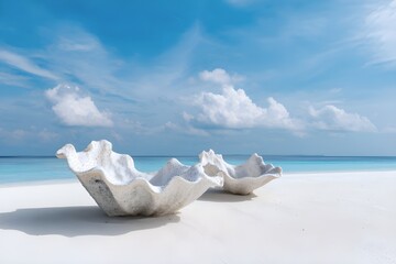 Giant clam shell halves on tropical white sand beach for a stunning coastal scene