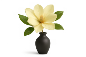 Yellow magnolia flower blooming in black minimalist vase with green leaves on transparent background