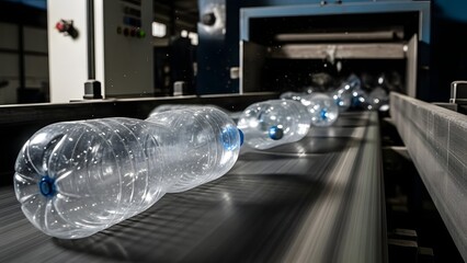 Plastic water bottles moving quickly on industrial conveyor belt line
