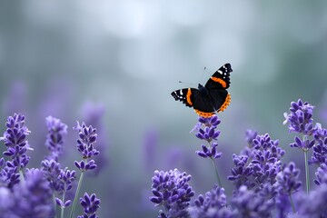 Colorful butterfly landing on purple lavender flowers in full bloom for a nature scene