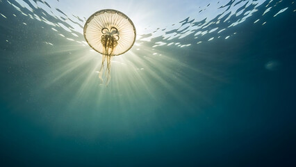 Underwater jellyfish illuminated by sunlight in clear blue ocean water