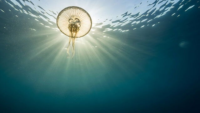 Underwater jellyfish illuminated by sunlight in clear blue ocean water - Powered by Adobe