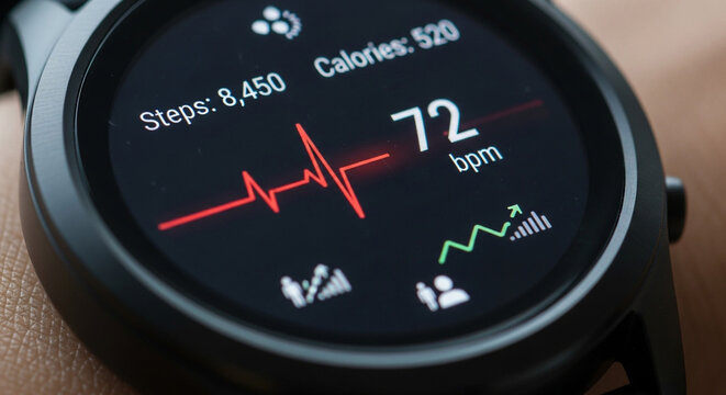 Close-up of smartwatch displaying fitness tracking data on screen