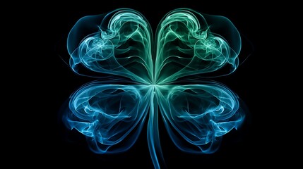 An abstract glowing clover design with teal and blue hues on black background