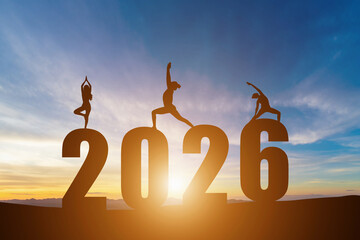 Happy New Year Numbers 2026, Silhouette woman practicing yoga early morning sunrise over the horizon background, Health and Happy new year concept.