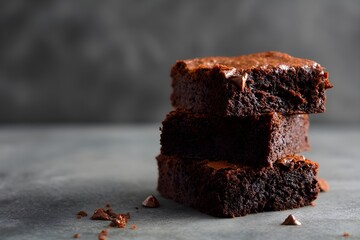 Double chocolate brownies stacked with fudgy texture visible, decadent dessert for chocolate lovers