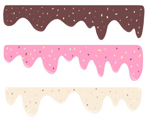 A set of melting and dripping pink strawberry, Brown Chocolate, Cream Vanilla, melted color paint. melting pink cream.
, lines of colorful frosting dripping with sprinkles Top banner element