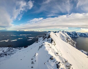 Aerial view of snow-covered mountain range and ocean expanse