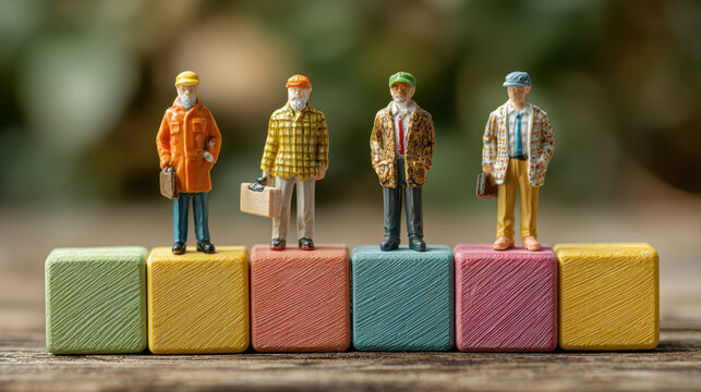 Four miniature elderly men standing on colorful blocks, representing different generations or stages of life