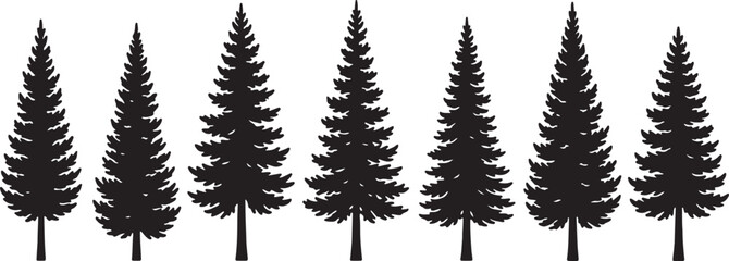 Obraz premium A row of stylized black pine trees with detailed branches and conical shapes against a white background representing a forest silhouette also transparent background