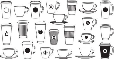 Assortment of coffee cup and mug silhouettes in various and styles for cafes and beverage branding to go cup also transparent background