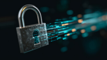 An imposing padlock stands as a bastion of security, safeguarding data streams, visually representing the concepts of digital protection and cyber defense in a sleek, modern composition.