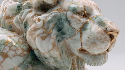 Close-up of a decorative lion statue, crafted with a white and green marbled appearance, highlighted by intricate gold accents
