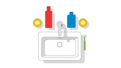 Top View of a Modern Kitchen Sink with Cleaning Supplies.