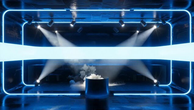 Blue neon lit stage with spotlights