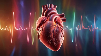 realistic 3D rendering of a human heart beating rhythmically with a moving colorful spectrum background creating a dynamic medical visualization
