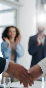 Applause, shaking hands and business people in office for meeting, onboarding or promotion success. Professional, corporate and workers with handshake for achievement, teamwork and congratulations