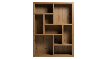 Empty wooden bookcase with asymmetrical shelves isolated on white background.