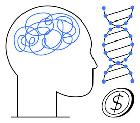 Genetics, neuroscience, mental health, financial decisions, biotechnology, human cognition. Outline of a human head with brain ion, DNA strand and coin. Genetics and neuroscience visualization © robu_s