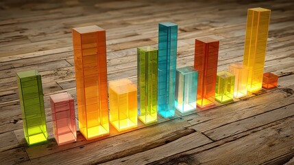 Abstract Colorful Bar Graph Displayed On Wooden Surface with Gradient Lighting and Dimensional Effects