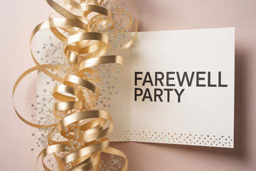 Elegant gold ribbons and delicate floral accents adorn a 'Farewell Party' invitation, creating a sophisticated atmosphere for celebrating new beginnings and fond goodbyes with style and grace.