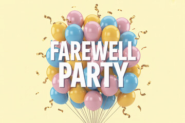 Vibrant farewell party celebration with colorful balloons and confetti, perfect for announcing departures and new beginnings with joy and excitement.