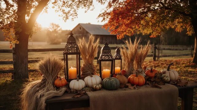 Cozy autumn table setting with pumpkins, wheat, and lanterns at sunset on a farm
