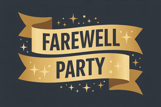 Elegant gold ribbon announcing a celebratory farewell party with sparkling stars and confetti, perfect for invitations and event announcements