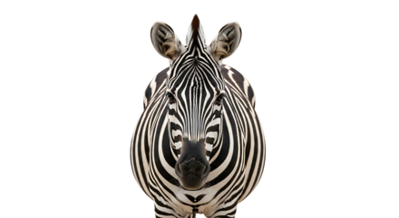 Frontal view of a zebra with striking black and white stripes isolated on a clean white background showcasing its unique pattern and majestic presence.