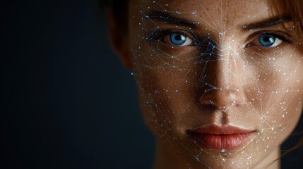Digital art of a woman's face with bright blue eyes and glowing lines representing data connections and technology
