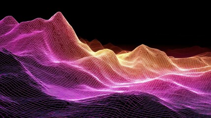 Abstract Digital Landscape With Glowing Pixels In Purple Orange And Black Background