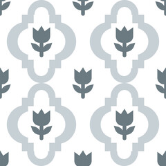 pattern, seamless, quatrefoil, tulip, flower, floral, geometric, moorish, arabesque, minimalist, modern, wallpaper, background, texture, grey, white, pastel, vector, illustration, design, decorative, 