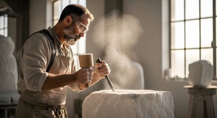 A dedicated sculptor expertly carving a rough marble block with precision tools in a studio, illustrating the artisanal craftsmanship concept