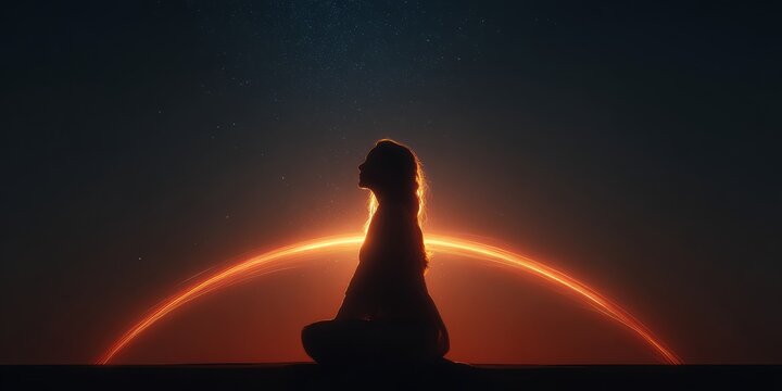 Feminine inner energy meditation beneath radiant horizon
