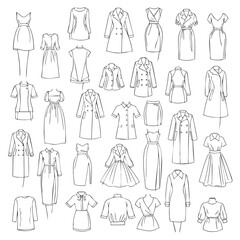Collection of Line Art Dresses Coats and Shirts for Fashion Design Projects
