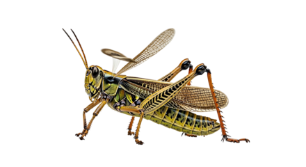 Grasshopper insect with wings and legs isolated on white background.