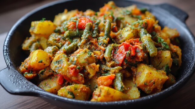 Close-up of a rustic, vibrant vegetarian dish served in a dark ceramic bowl, featuring potatoes, beans, and carrots