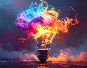 Illuminated lightbulb bursting with colorful, swirling smoke against a dark backdrop