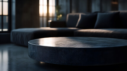 Modern Living Room Ambiance: The photo shows a modern living room bathed in a serene ambiance, showcasing a sleek coffee table as its focal point, along with a contemporary sofa and natural sunlight.