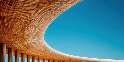 Abstract Architecture with Wooden Slats Against Azure Sky Curvilinear Ceiling Design and Repetitive Patterns and Warm Lighting with Vertical Pillars Supporting Structure